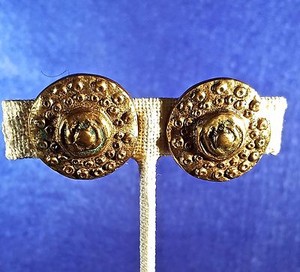 Authentic Signed PARIS Vintage Designer Gold Plated Button Earrings EGYPT ROMAN + QUALITY!