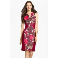 BLACK HALO Burgundy Red Floral Print Bodycon Sleeveless Mini Sheath Dress Size 4