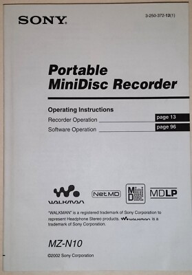 SONY MZ-N10 MiniDisc-Recorder Operating Instruction