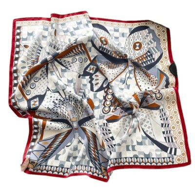 100% Silk Mulberry 26'' Square Scarf Women Neckerchief Wrap White Red Geometric