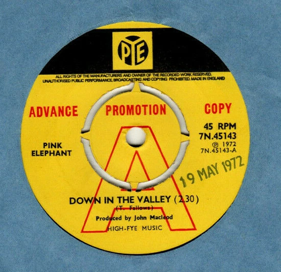 PINK ELEPHANT - DOWN IN THE VALLEY. RARE UK ORIG 1972 7" PROMO & CO/SLEEVE. VG+ - Image 3 of 4