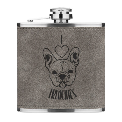 I Love Frenchies 6 Unzen PU Leder Flachmann grau lustig Hund Welpe