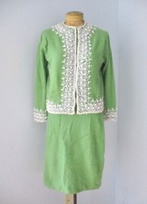 Vtg 50s green lambswool Angora sweater MOB secretary 2-pc skirt jacket suit 38
