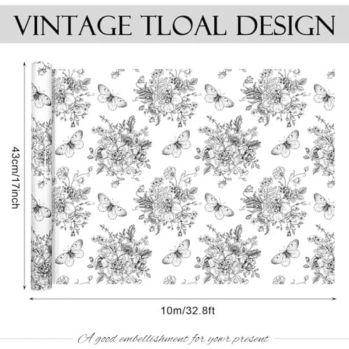  1Roll White Floral Wrapping Paper Retro Flowers Butterfly Printed Gift Black - Image 2 of 4