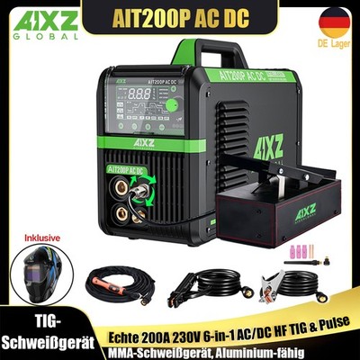 200A 6-in-1 AC/DC Schweißmaschine Aluminium Puls TIG MMA 220V 2T/4T mit Fußpedal