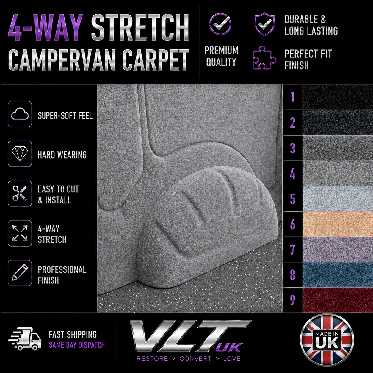 Camper Van Carpet Lining 4 Way Stretch VW Transporter Caddy Transit Trim