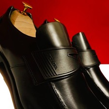 $849.00!! PRADA LUXURY MEN BLACK SHINEY LEATHER  LOAFERS SHOES MARKED UK SIZES 7