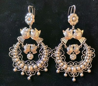Taxco Oaxaca Filigree Doves & Flowers 950 Sterling Frida Style Wedding Earrings