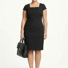 Ann Taylor Black Pintuck Sheath Dress Square Neck Cap Sleeve Professional 16 