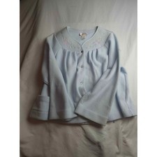 Shadowline Blue Fleece Bed Jacket Floral Embroidered Snap Front Sleepwear Medium