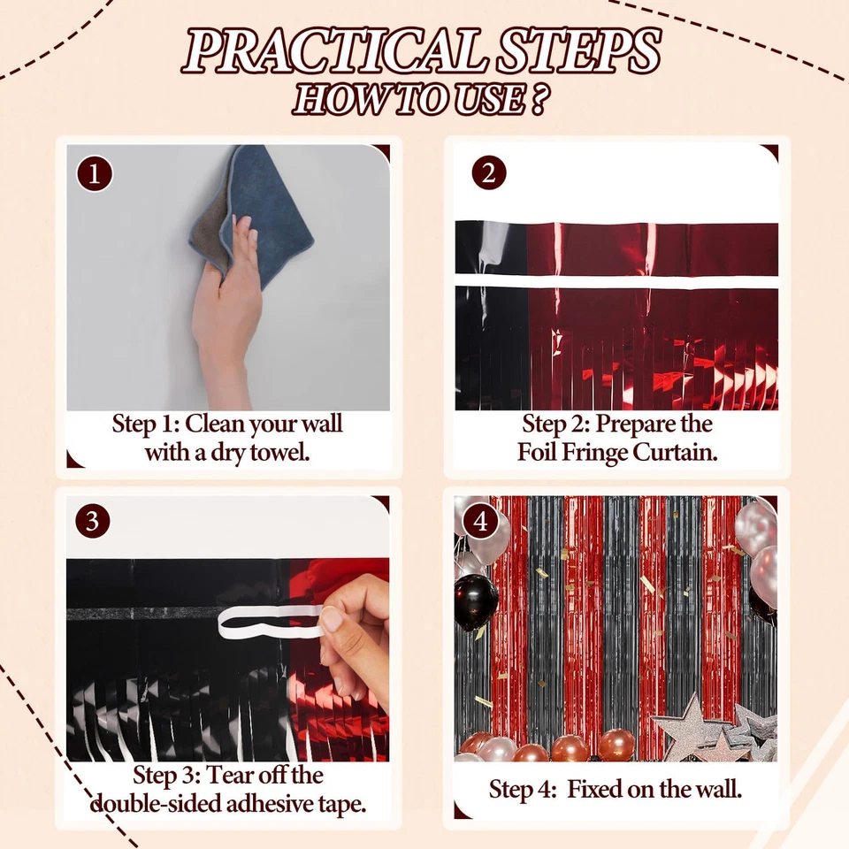 Paquete de 2 telones de fondo con flecos de aluminio - cortinas de oropel brillantes rojas y negras para decoración de fiestas Foto 2 de 4