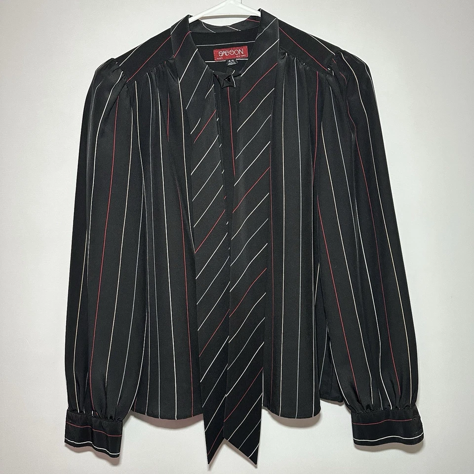 Sasson 2 pc Blouse Skirt Set Black Striped Vintage Size 4/5 Made in Hong Kong - Image 2 of 4