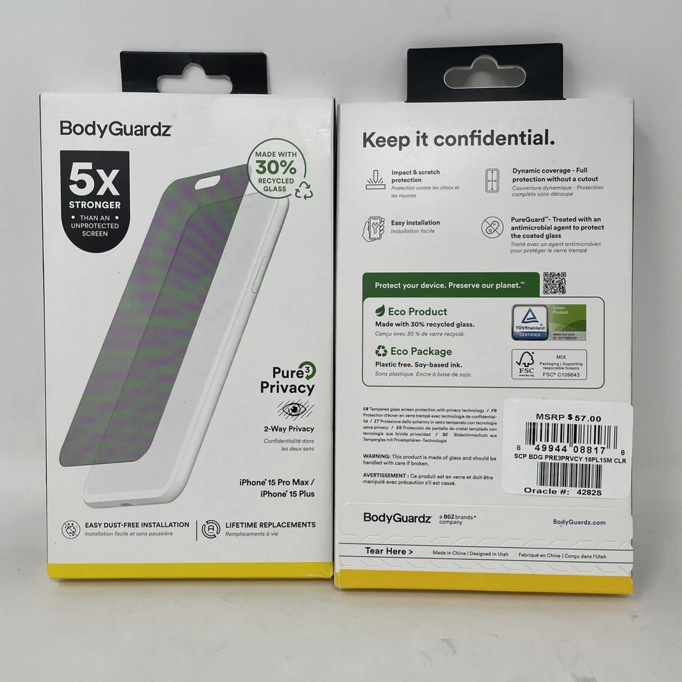 BodyGuardz Privacy 5x Stronger Glass Screen Protector - Iphone 16+ / 15PM / 15+ - Image 3 of 3