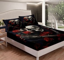 Sugar Skull Bedding Set Standard Size Deep Pocket Fitted Sheet 2 Pillowcases