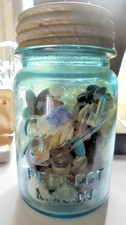 Antique 1923-1933 BALL Perfect Mason Aqua Blue Canning Jar#1 Full of old Buttons
