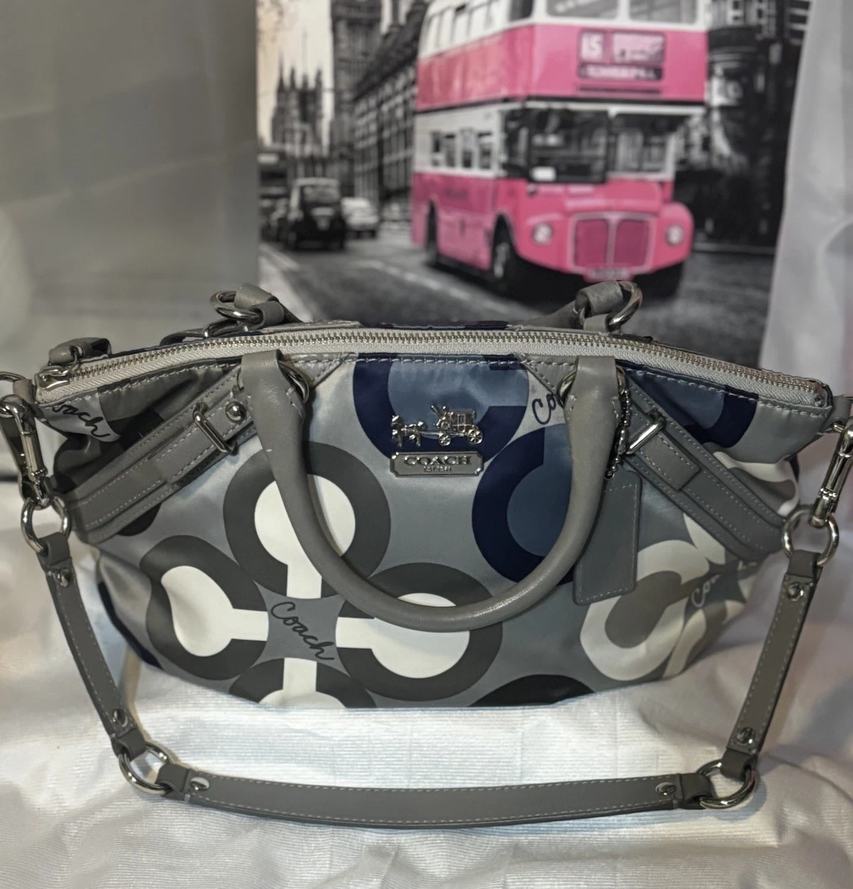 Borsa Coach Madison Sophia Clover Logo • Raso e Pelle Grigio Blu 15946 Us intime Ottimeioni