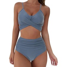 Wrap Bikini 2 Piece Womens S Blue High Waist Ruched Retro Beachwear 212 NWT