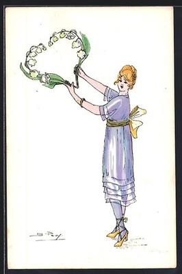 artist postcard signed S. Pavy: Lady in Purple Robe with Heart of Lily of the Valley 