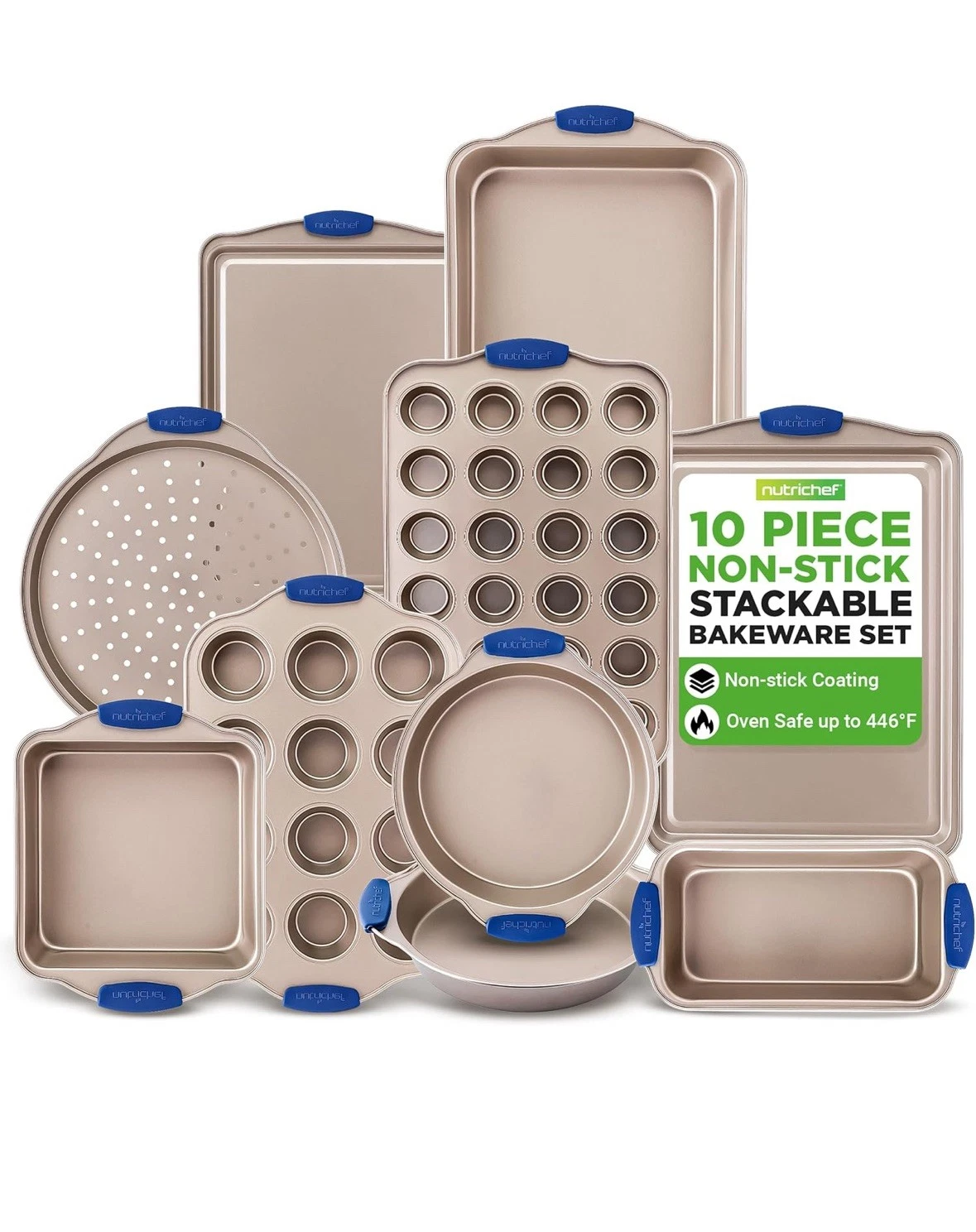 New NutriChef 10 Piece Deluxe Nonstick Gold Coating Kitchen Oven Baking Pans