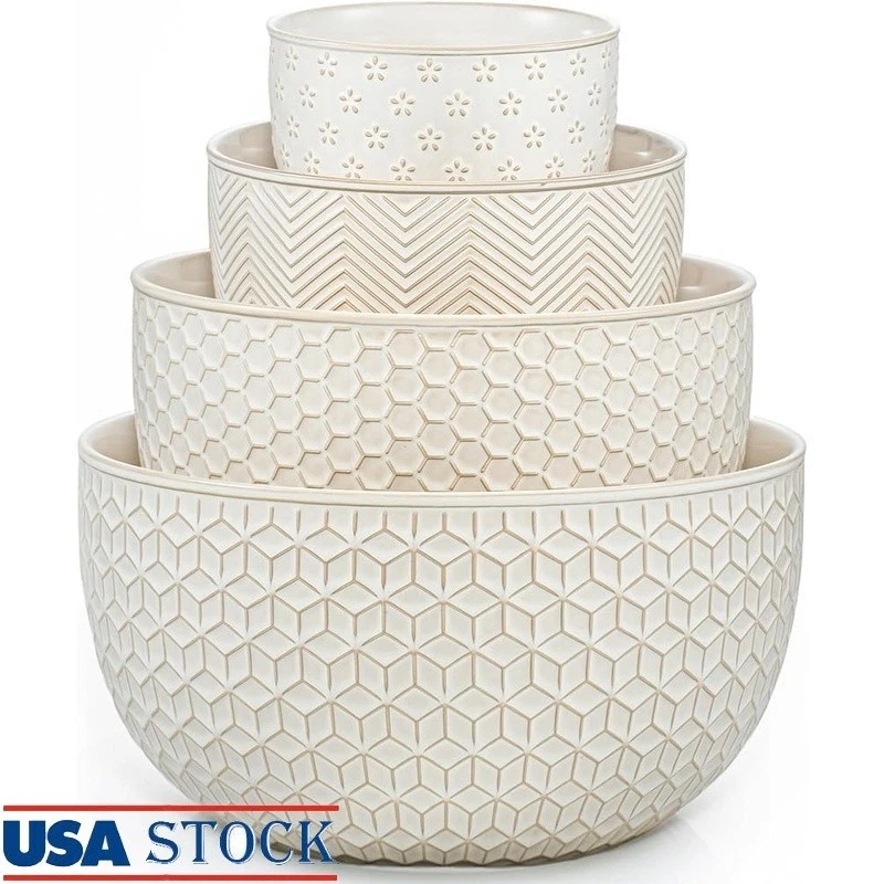 Ceramic Mixing Bowl Set Nesting Bowls Durable Elegant Kitchen Prep Serving New
