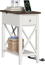 ChooChoo Farmhouse End Table with Charging Station, Accent Small Soft White 
