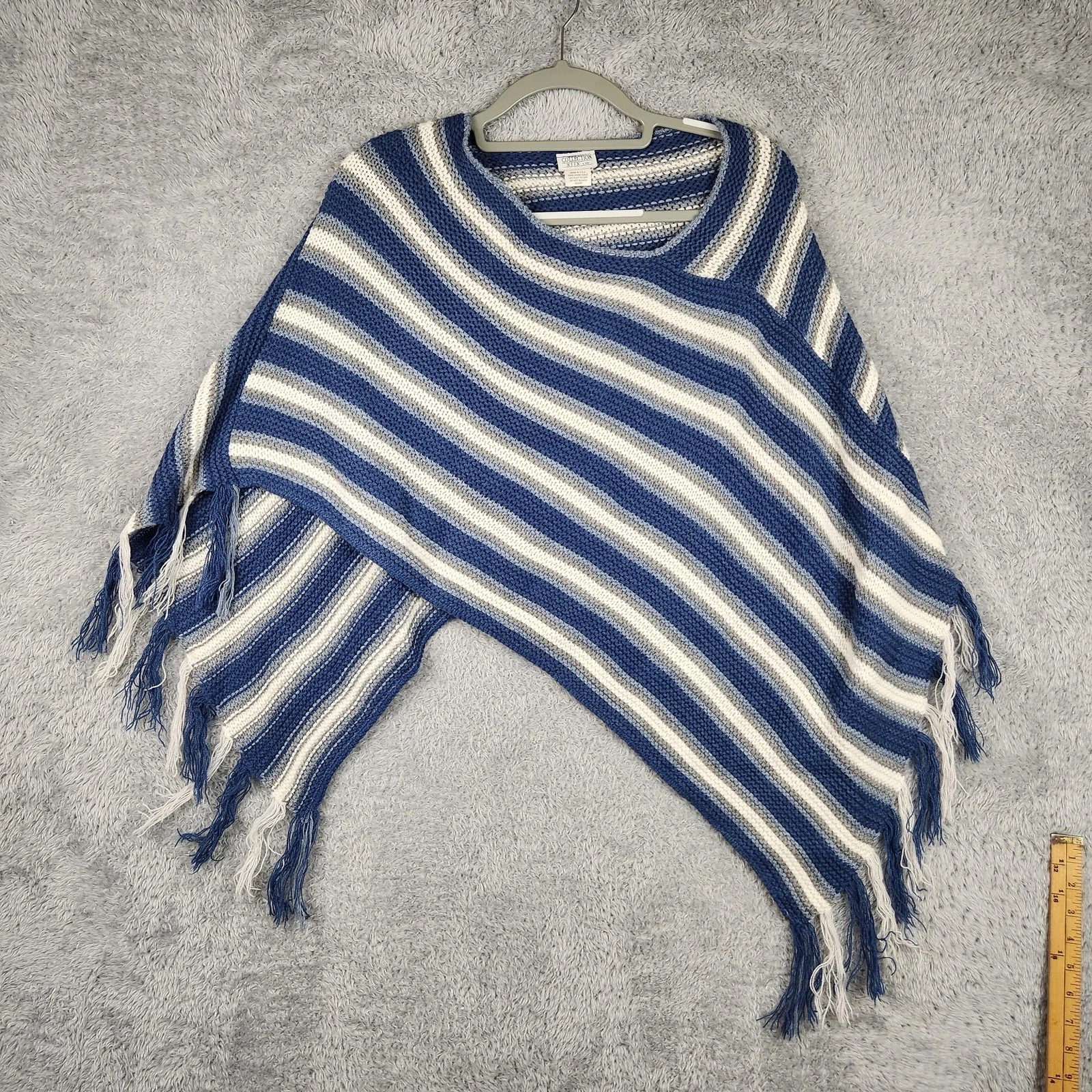Vintage 80s Cape Sweater Womens One Size Blue Striped Fringe Knit Poncho Boho
