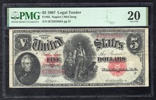 FR. 85 1907 $5 “WOODCHOPPER” LEGAL TENDER UNITED STATES NOTE PMG VERY FINE-20