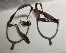 Pair of Metal Bumper Spurs with Brown Leather Straps Buckles