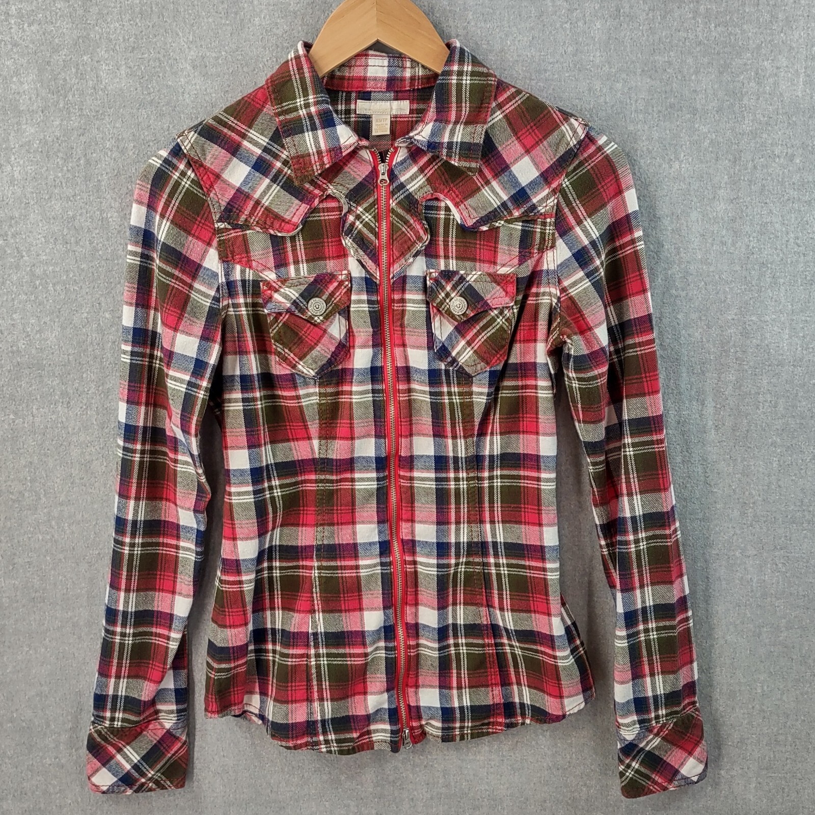 True Religion Shirt Women XS Red Plaid Zip Pearl Snap Western Long Sleeve Cowboy