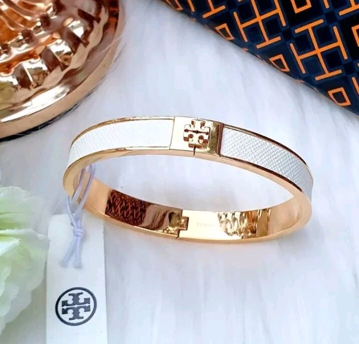 Bracciale donna Tory Burch oro bianco sottile pelle intarsiata nuovo con etichetta