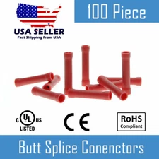 100 Pc Butt Splice Wire Crimp Connector 22-16 Gauge Red Vinyl Insulated Brass 