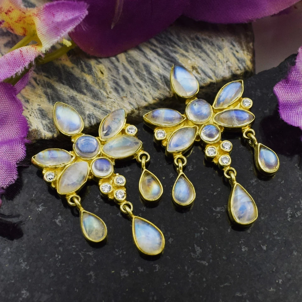 Pendientes de araña enchapados en oro de plata de ley 925 con piedra lunar arco iris joyería Foto 2 de 4