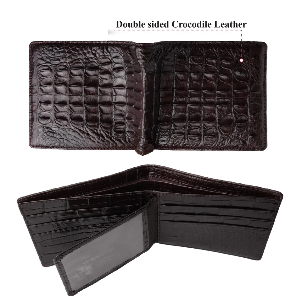 Cartera doble cara piel de cocodrilo real cuero marrón para hombre plegable 8 ranuras para tarjetas Foto 2 de 4
