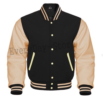 Varsity Letterman Bomber Style Jacket In Wool & Genuine Leather Sleeves Jacket