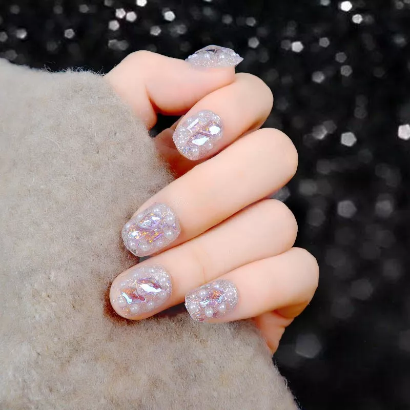 Reusable Shiny Pearl Fake Nails Lovely Cute Short Round Fake Nail