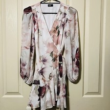 White Floral Wrap Dress Balloon Sleeves Womens Size 6