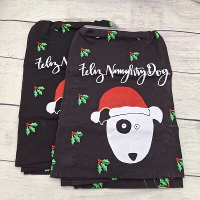 2 Kitchen Towels, Feliz Naughty Dog, Christmas Funny, Holly Design, Santa Hat