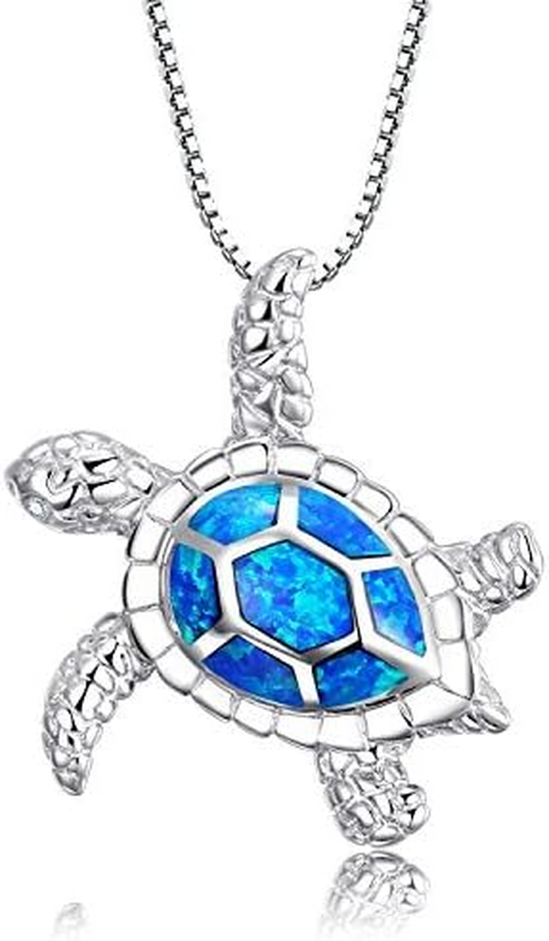 925 Sterling Silver Created Blue Opal Sea Turtle Pendant Necklace 18