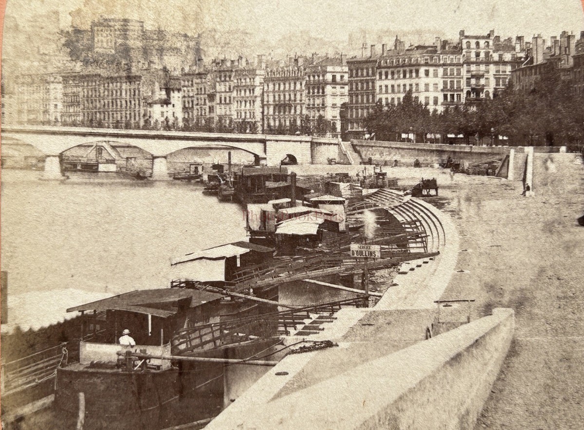 FRANCE Lyon Quai Bon-Rencontre Photo Stereo Vintage Albumine c1858