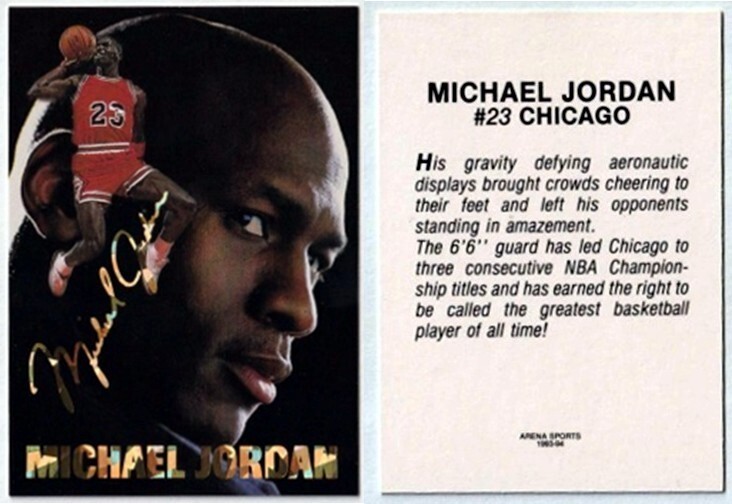 MICHAEL JORDAN ARENA SPORTS PROMO CARD w/ GOLD FACSIMILE SIGNATURE 