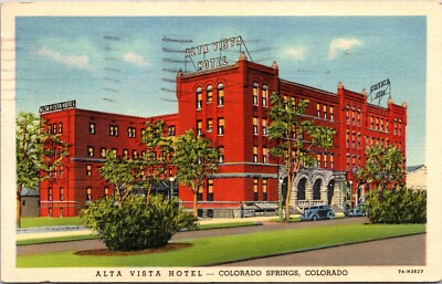 Colorado Springs, Colorado CO Alta Vista Hotel Linen Postcard With Vintage Cars