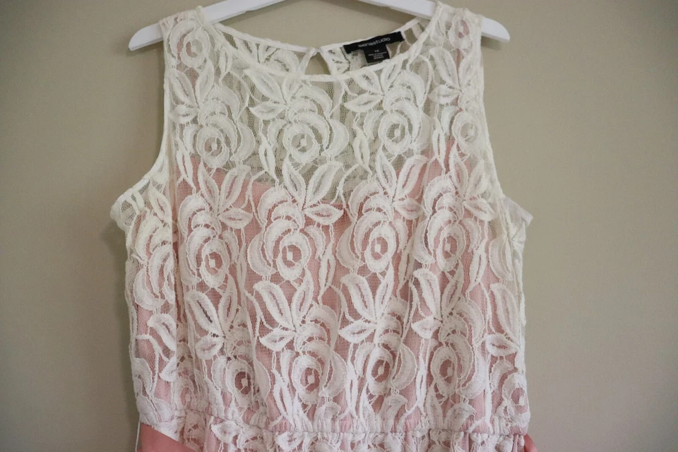 Vestido para mujer Siena Studio sin mangas bordado de encaje, talla 16, blanco/rosa Foto 3 de 4