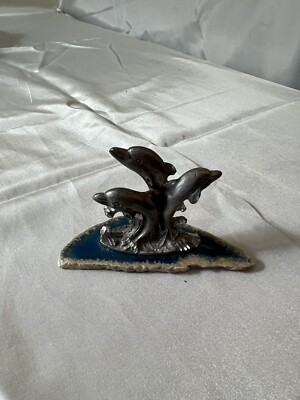 Three Dolphins Figurine Small Pewter on Blue Agate 2.5'' tall