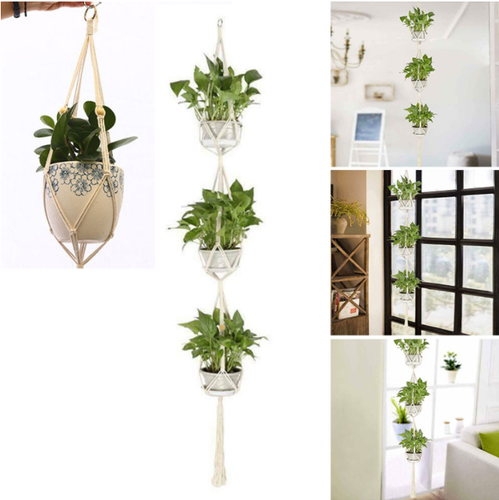 3 Layer Garde Macrame Plant Hanger Flower Pot Holder Hanging Jute Rope Wall Art - Picture 6 of 12