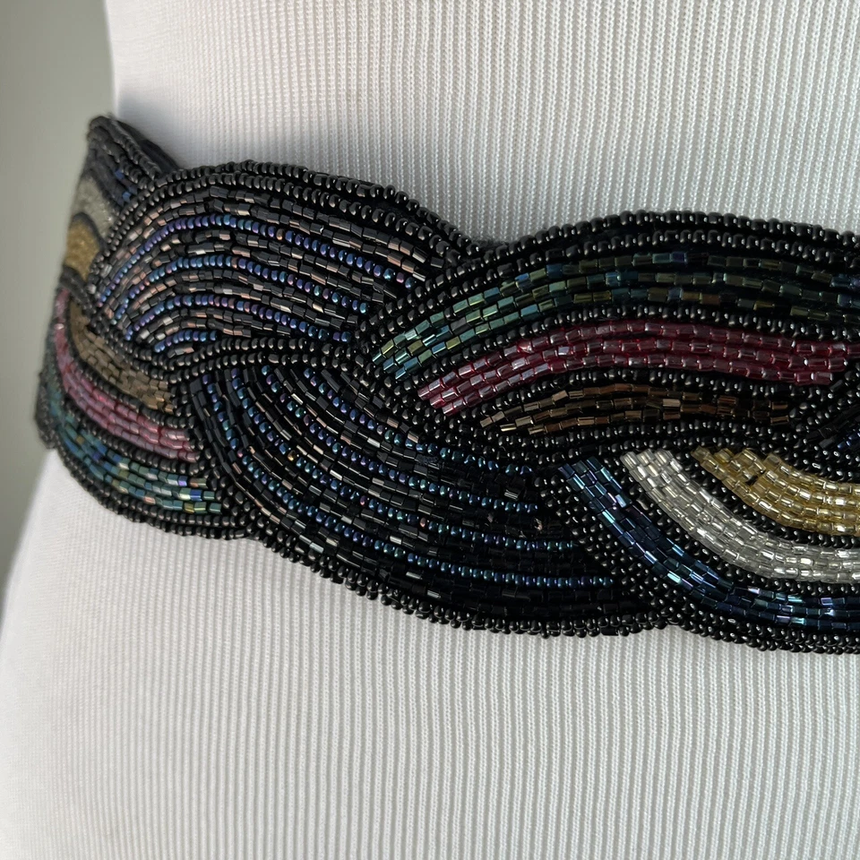 Cinturón Cummerbund Ancho Vintage Cuentas Negro Satinado Faja Tono Joya Pequeño S Foto 2 de 4