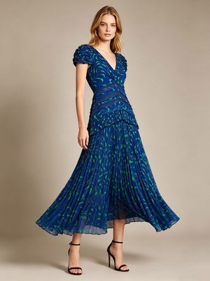 NWOT Self Portrait Blue Crescent Chiffon Midi Dress Cut Out Back Ruffle Size 4