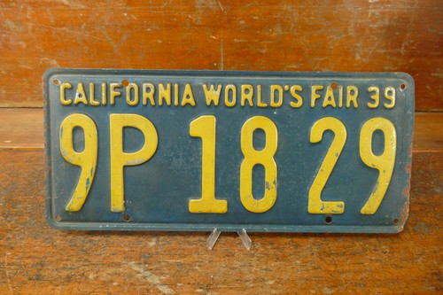 1939 California License Plate - Original Paint - World's Fair 1939 - #9P-1829