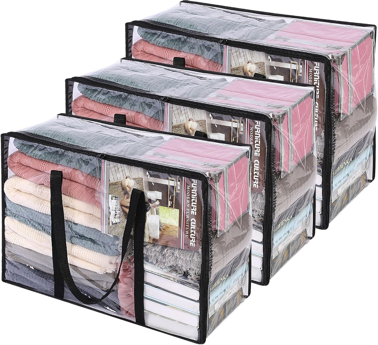 Vieshful 3 Pack Clear Comforter Storage Bag, 40L Clothes Storage Bag with Zipper