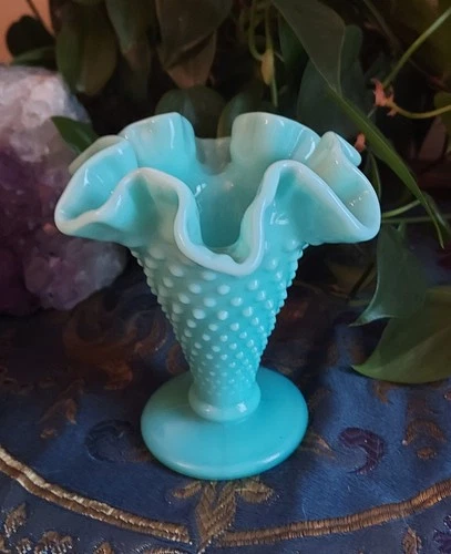 Vintage Fenton Hobnail Blue/Green Milk Glass Ruffled Edge Trumpet Vase