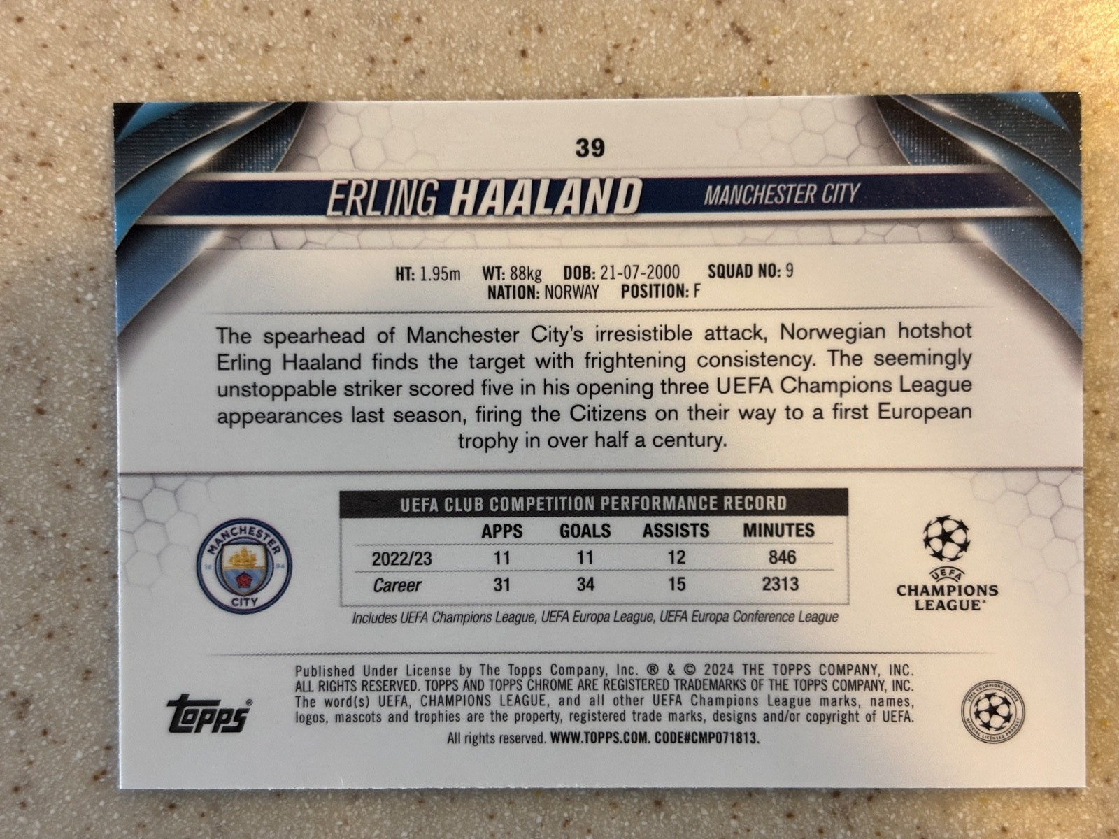 2023-24 Topps Chrome UEFA Erling HAALAND #39 GOLD LAVA REFRACTOR view 2